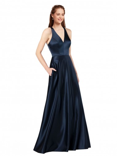 Satin Keyhole Back Long V-Neck A-Line Formal Evening Gown / Prom Dress / Bridesmaid Dress Plymouth