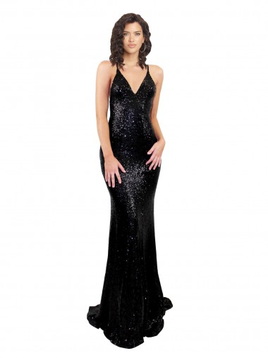 Sequin Criss Cross Open Back Long V-Neck Mermaid Black Tie Evening Gown / Prom Dress / Bridesmaid Dress Plymouth