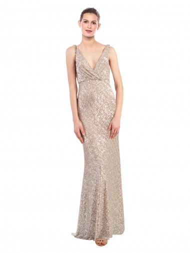 Sequin & Sparkling Sequin Low Back Long V-Neck Sheath Formal Evening Gown / Prom Dress / Bridesmaid Dress Plymouth