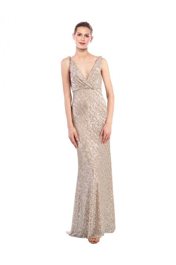 Sequin & Sparkling Sequin Low Back Long V-Neck Sheath Formal Evening Gown / Prom Dress / Bridesmaid Dress Plymouth