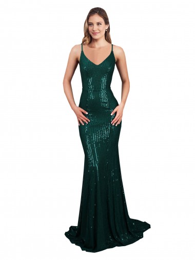 Sequin Low Back Long V-Neck Dark Green Mermaid Formal Evening Gown / Prom Dress / Bridesmaid Dress Plymouth