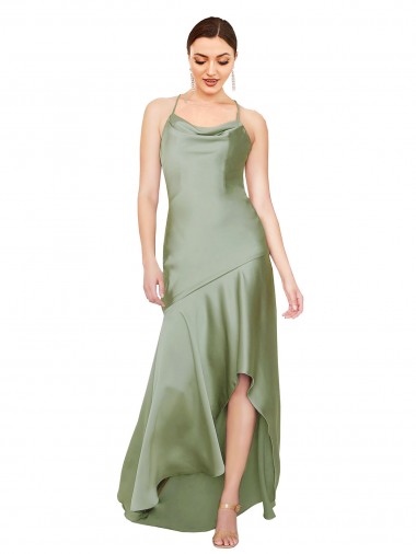 Silk like Satin Criss Cross Open Back Long Cowl Neck A-Line High Low Evening Gown / Prom Dress / Bridesmaid Dress Plymouth