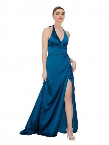 Silk like Satin Open Back Long Halter Neck Peacock Blue A-Line Formal Evening Gown / Prom Dress / Bridesmaid Dress Plymouth