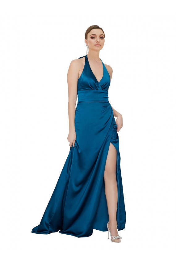 Silk like Satin Open Back Long Halter Neck Peacock Blue A-Line Formal Evening Gown / Prom Dress / Bridesmaid Dress Plymouth