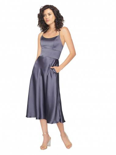 Silk like Satin Criss Cross Back Midi Length Scoop Neck A-Line Prom Dress / Bridesmaid Dress Plymouth