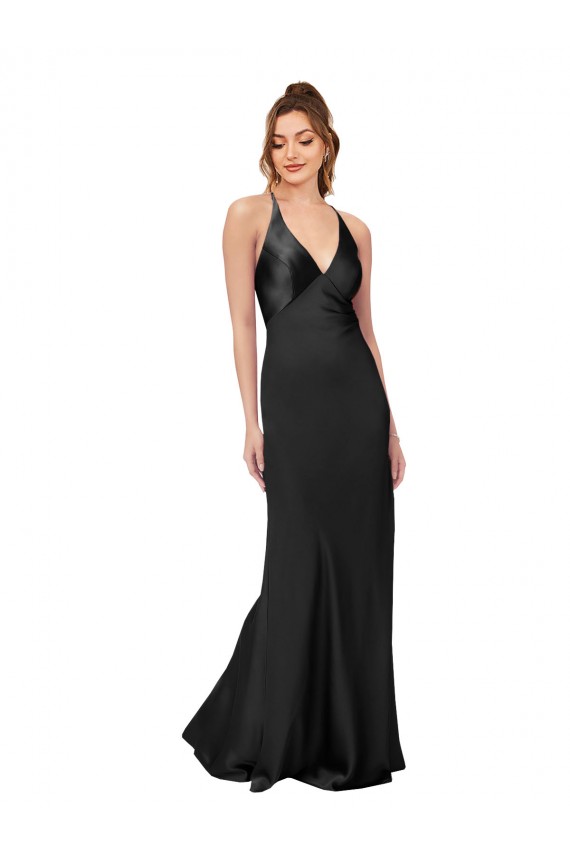 Silk like Satin Criss Cross Back Long V-Neck Sheath Black Tie Evening Gown / Prom Dress / Bridesmaid Dress Plymouth
