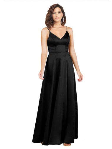 Silk like Satin V-Back Long V-Neck Black A-Line Formal Evening Gown / Prom Dress / Bridesmaid Dress Plymouth