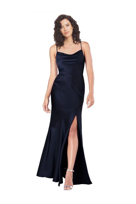 Silk like Satin Long Cowl Neck A-Line Black Tie Evening Gown / Prom Dress / Bridesmaid Dress Plymouth