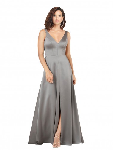 Silk like Satin Long V-Neck A-Line Formal Evening Gown / Prom Dress / Bridesmaid Dress Plymouth