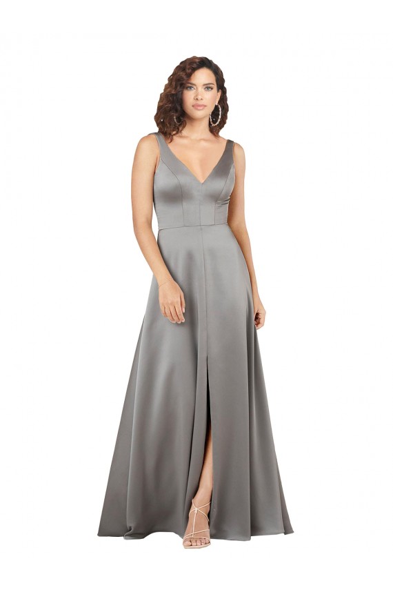 Silk like Satin Long V-Neck A-Line Formal Evening Gown / Prom Dress / Bridesmaid Dress Plymouth