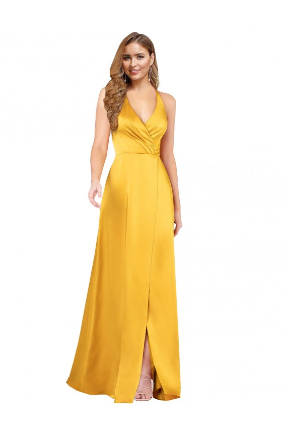 Silk like Satin Open Back Long V-Neck A-Line Formal Dress / Bridesmaid Dress Plymouth