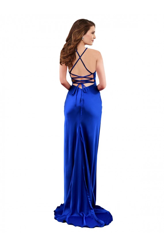 Silk like Satin Criss Cross Open Back Long Cowl Neck Royal Blue Sheath Formal Evening Gown / Prom Dress / Bridesmaid Dress Plymouth