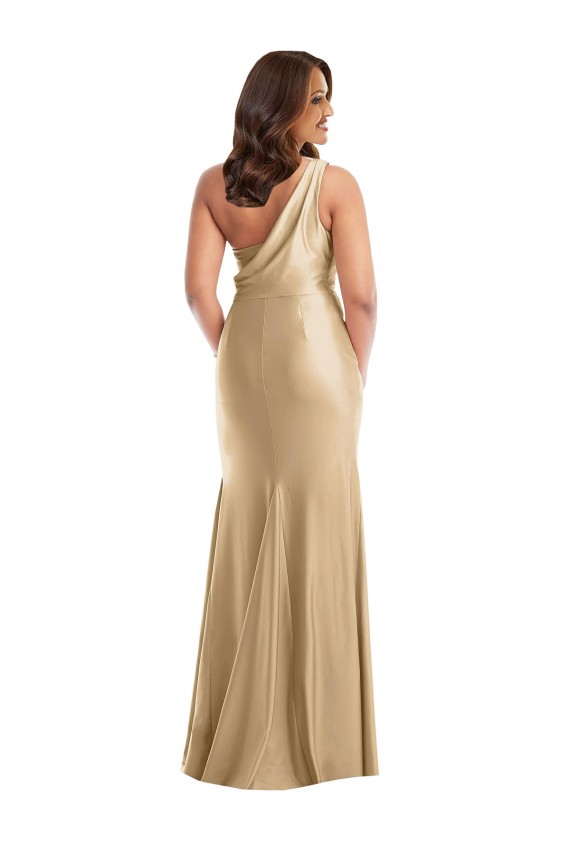 Silk like Satin Long One Shoulder Soft Gold Mermaid Formal Plus Size Evening Gown / Prom Dress / Bridesmaid Dress Plymouth
