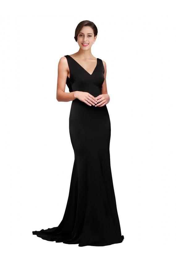 Silk like Satin Low Back Sweep Train V-Neck A-Line Formal Evening Gown / Prom Dress / Bridesmaid Dress Plymouth
