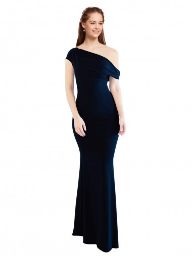 Stretch Crepe Long One Shoulder Dark Navy Mermaid Formal Evening Gown / Prom Dress / Bridesmaid Dress Plymouth