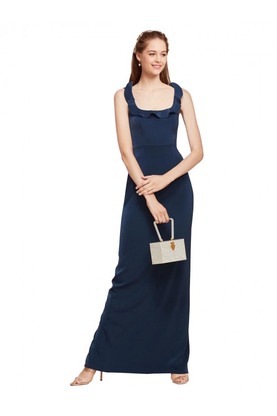 Stretch Crepe Low Back Long Scoop Neck Dark Navy Sheath Formal Evening Gown / Prom Dress / Bridesmaid Dress Plymouth