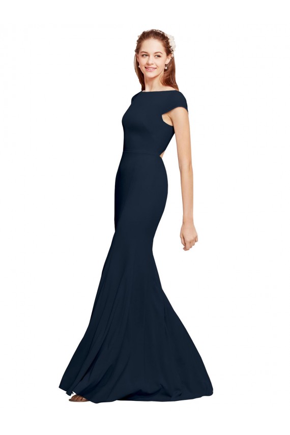 Stretch Crepe Open Back Long Boat Neck A-Line Formal Evening Gown / Prom Dress / Bridesmaid Dress Plymouth
