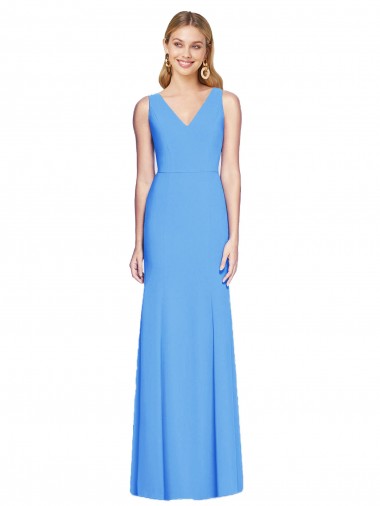 Stretch Crepe Keyhole Back Long V-Neck Peacock Blue Trumpet Semi Formal Evening Dress / Prom Dress / Bridesmaid Dress Plymouth