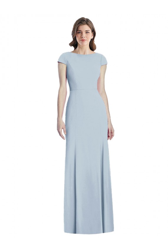 Stretch Crepe Open Back Long Bateau Neck Light Sky Blue Trumpet Formal Dress / Bridesmaid Dress Plymouth