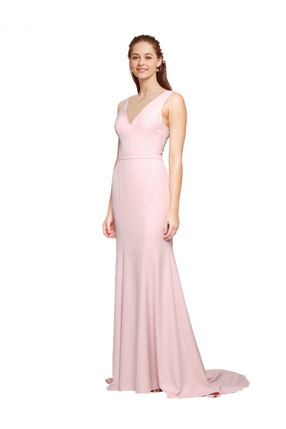 Stretch Crepe V-Back Sweep Train V-Neck A-Line Black Tie Evening Dress / Prom Dress / Bridesmaid Dress Plymouth