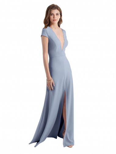 Stretch Crepe Long V-Neck Smoke Blue Sheath Prom Dress / Bridesmaid Dress Plymouth