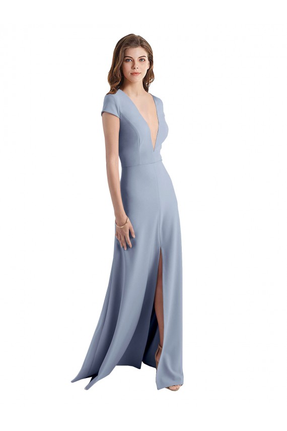Stretch Crepe Long V-Neck Smoke Blue Sheath Prom Dress / Bridesmaid Dress Plymouth