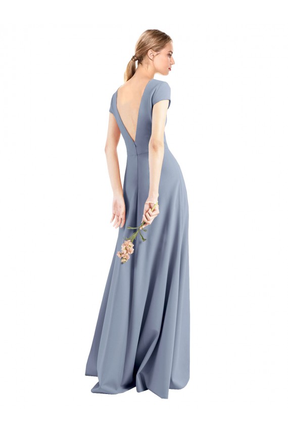Stretch Crepe Long V-Neck Smoke Blue Sheath Prom Dress / Bridesmaid Dress Plymouth