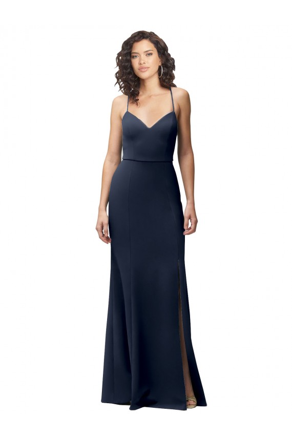 Stretch Crepe Criss Cross Back Long Spaghetti Straps Sheath Formal Evening Gown / Prom Dress / Bridesmaid Dress Plymouth