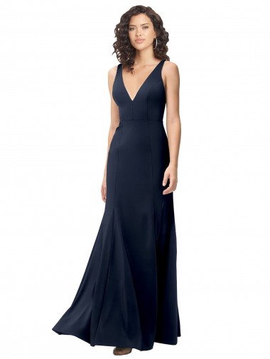 Stretch Crepe V-Back Long V-Neck Dark Navy A-Line Formal Dress / Bridesmaid Dress Plymouth