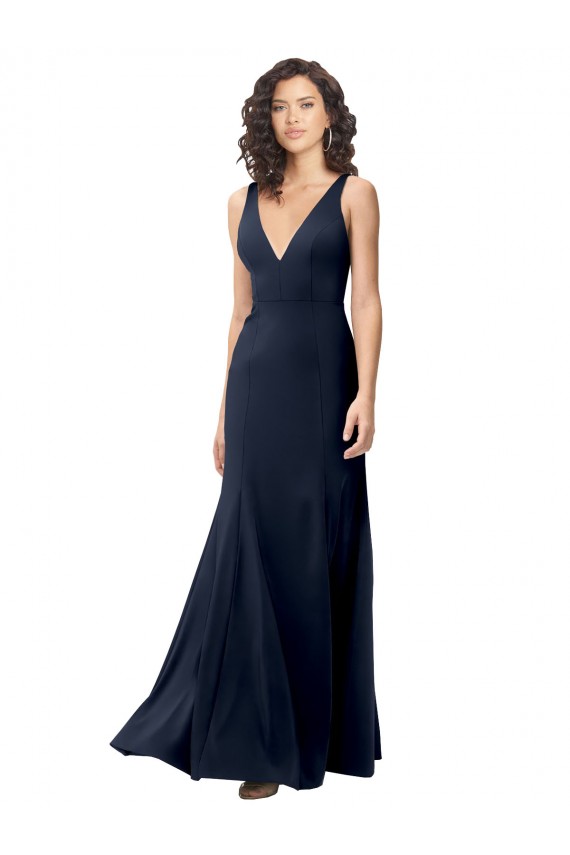 Stretch Crepe V-Back Long V-Neck Dark Navy A-Line Formal Dress / Bridesmaid Dress Plymouth