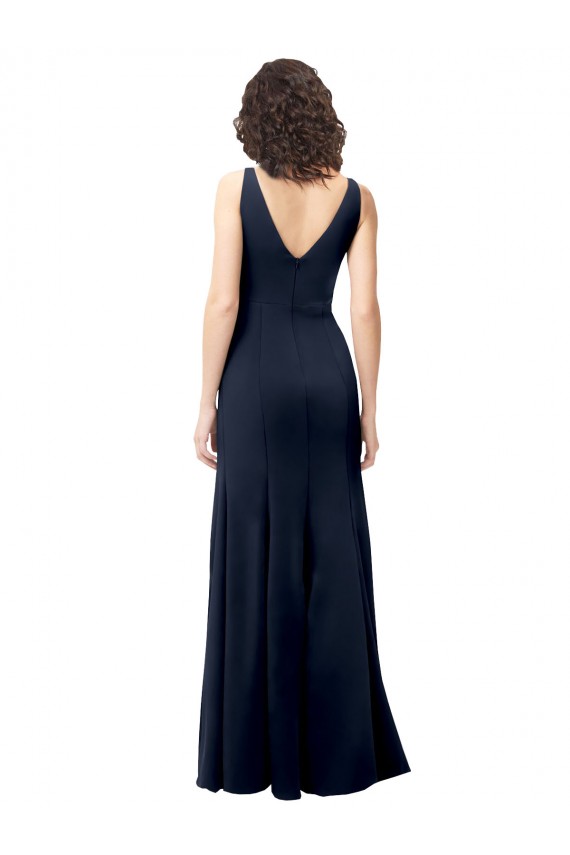 Stretch Crepe V-Back Long V-Neck Dark Navy A-Line Formal Dress / Bridesmaid Dress Plymouth