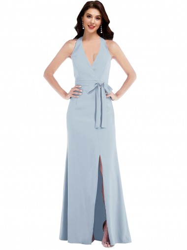 Stretch Crepe Open Back Long Halter Neck Light Sky Blue A-Line Formal Evening Gown / Prom Dress / Bridesmaid Dress Plymouth
