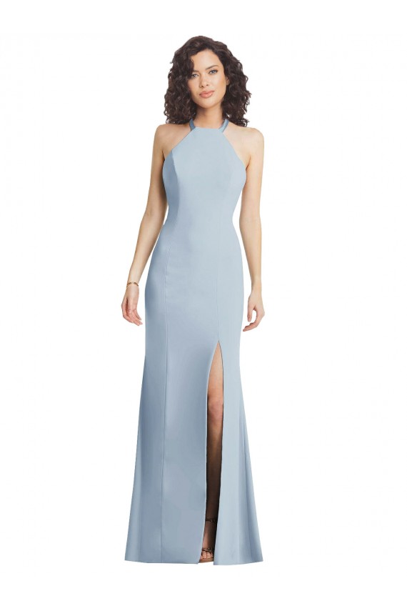 Stretch Crepe Criss Cross Back Long Halter Neck Light Sky Blue Trumpet Formal Evening Gown / Prom Dress / Bridesmaid Dress Plymouth