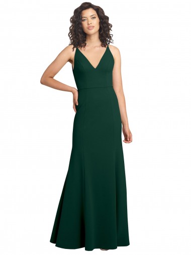 Stretch Crepe V-Back Long V-Neck Midnight Green A-Line Formal Dress / Bridesmaid Dress Plymouth