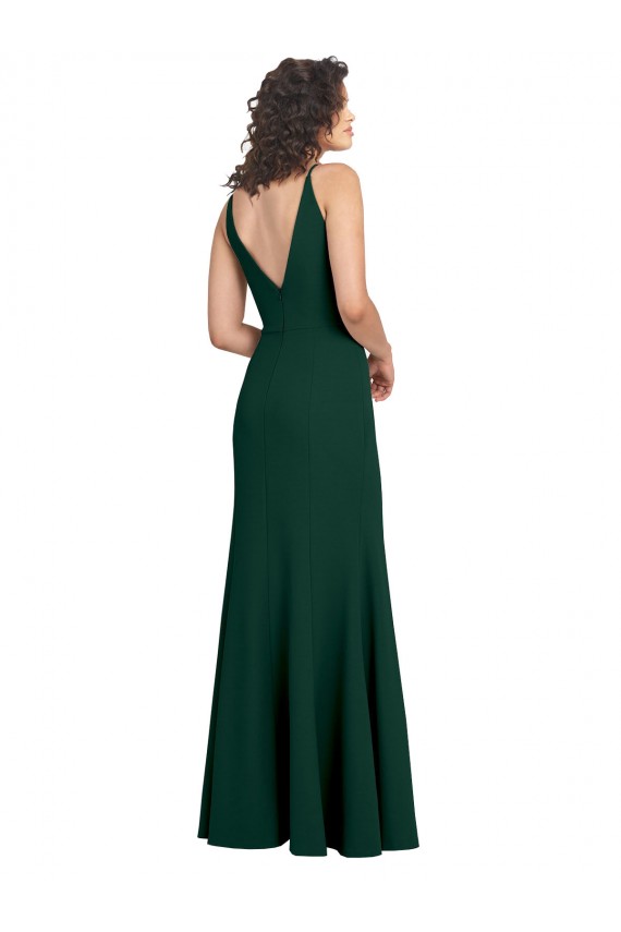 Stretch Crepe V-Back Long V-Neck Midnight Green A-Line Formal Dress / Bridesmaid Dress Plymouth