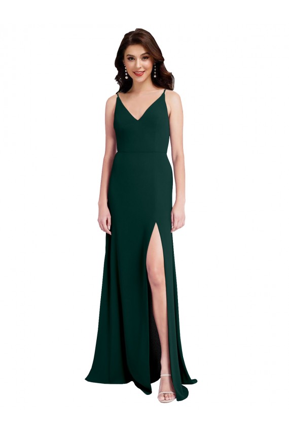 Stretch Crepe V-Back Long V-Neck Midnight Green A-Line Formal Evening Gown / Prom Dress / Bridesmaid Dress Plymouth