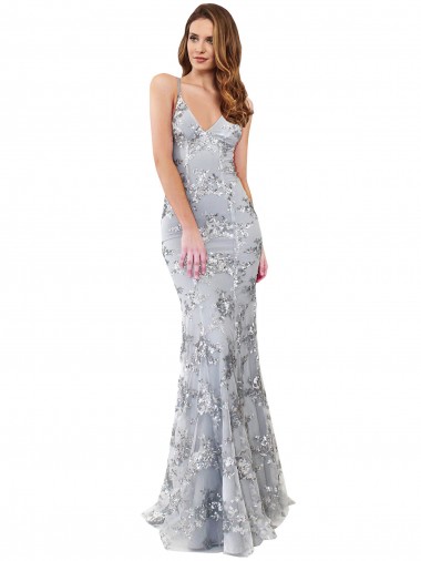 Stretch Crepe & Sequin Tulle Backless Long V-Neck Silver Mermaid Formal Evening Gown / Prom Dress / Bridesmaid Dress Plymouth