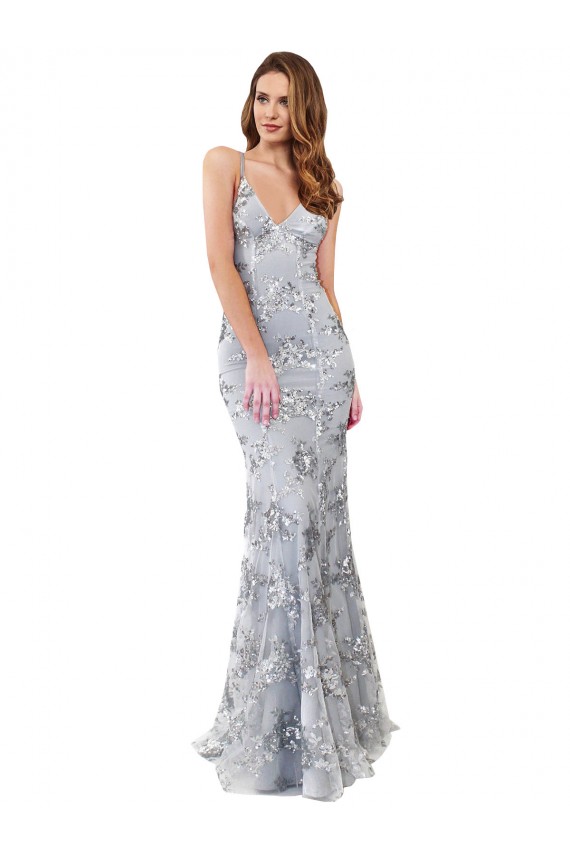 Stretch Crepe & Sequin Tulle Backless Long V-Neck Silver Mermaid Formal Evening Gown / Prom Dress / Bridesmaid Dress Plymouth