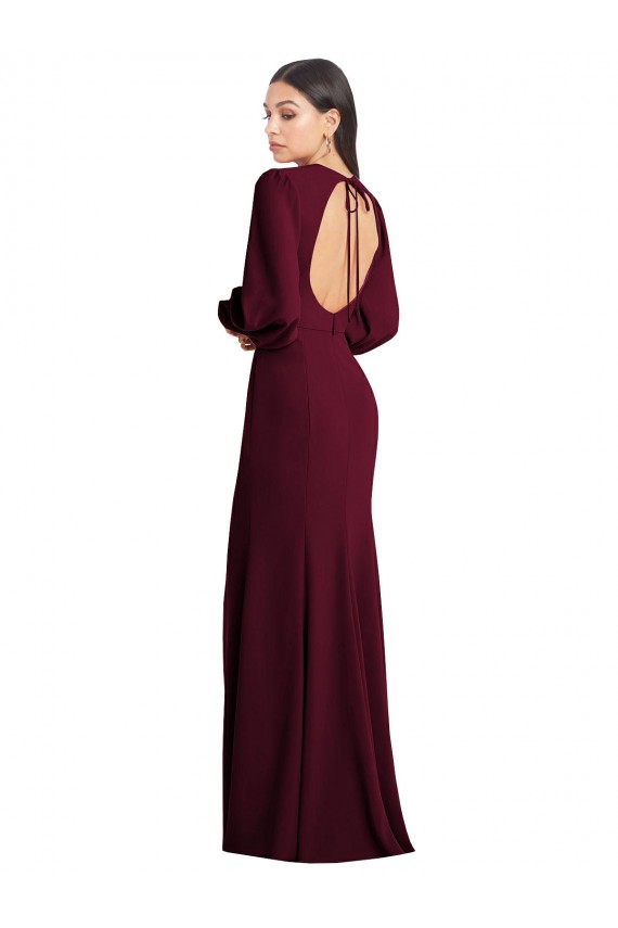 Stretch Crepe Open Back Long Bateau Neck Burgundy Gold Trumpet Formal Dress / Bridesmaid Dress Plymouth