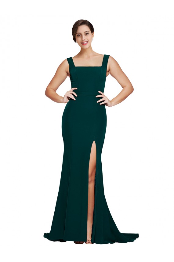 Stretch Crepe Sweep Train Square Neck Midnight Green Sheath Semi Formal Evening Dress / Prom Dress / Bridesmaid Dress Plymouth