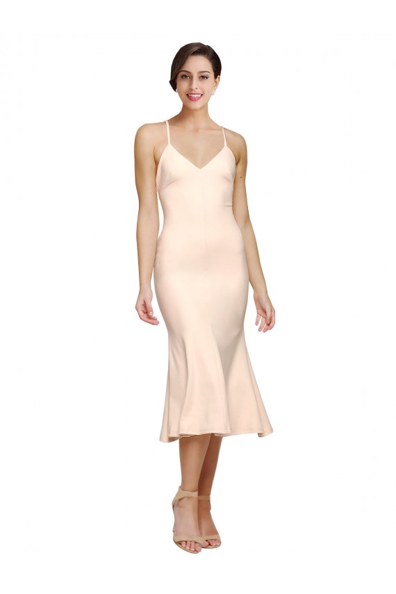 Stretch Crepe Low Back Midi Length V-Neck Sheath Evening Gown / Prom Dress / Bridesmaid Dress Plymouth