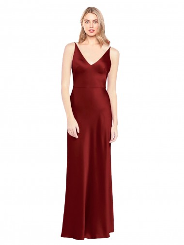 Stretch Satin V-Back Long Spaghetti Straps A-Line Formal Evening Gown / Prom Dress / Bridesmaid Dress Plymouth