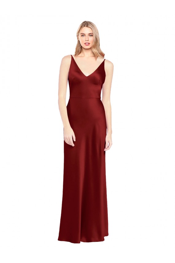 Stretch Satin V-Back Long Spaghetti Straps A-Line Formal Evening Gown / Prom Dress / Bridesmaid Dress Plymouth