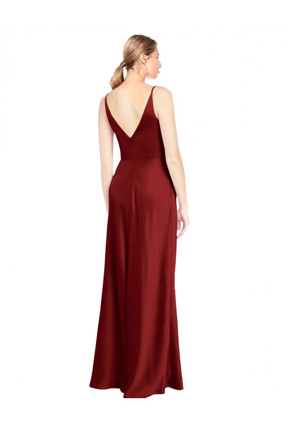 Stretch Satin V-Back Long Spaghetti Straps A-Line Formal Evening Gown / Prom Dress / Bridesmaid Dress Plymouth