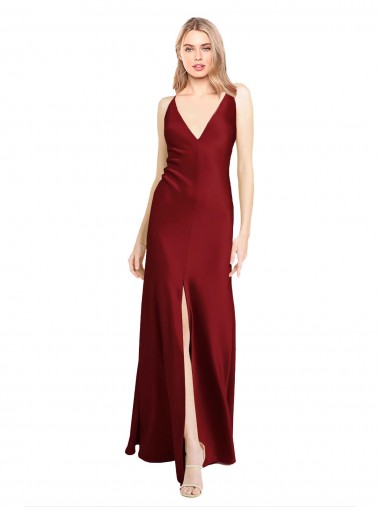 Stretch Satin V-Back Long V-Neck A-Line Black Tie Evening Gown / Prom Dress / Bridesmaid Dress Plymouth