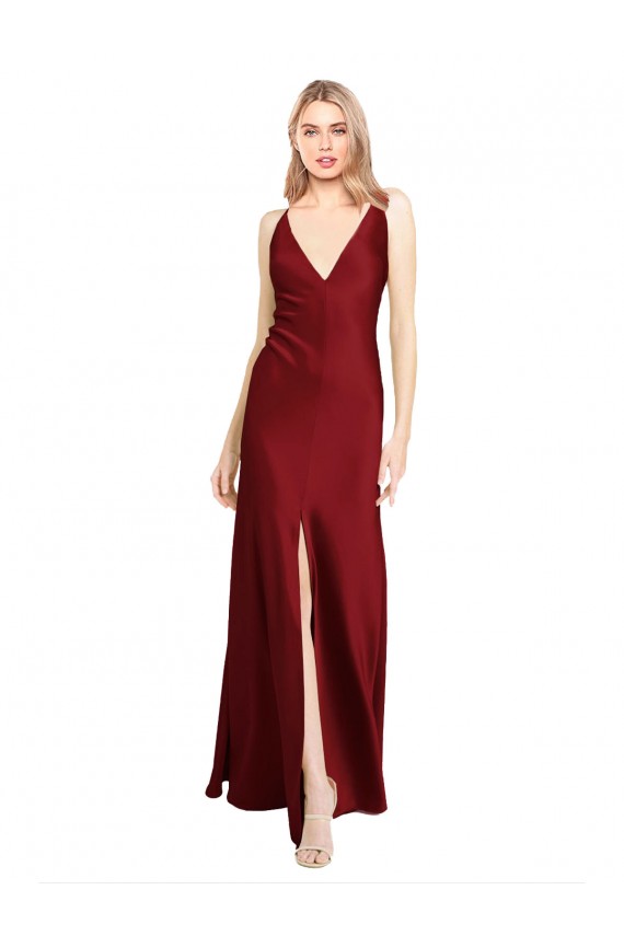 Stretch Satin V-Back Long V-Neck A-Line Black Tie Evening Gown / Prom Dress / Bridesmaid Dress Plymouth