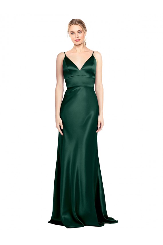 Stretch Satin V-Back Long Spaghetti Straps Sheath Formal Evening Gown / Prom Dress / Bridesmaid Dress Plymouth