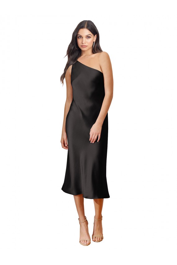 Stretch Satin Midi Length One Shoulder Sheath Black Tie Evening Dress / Prom Dress / Bridesmaid Dress Plymouth