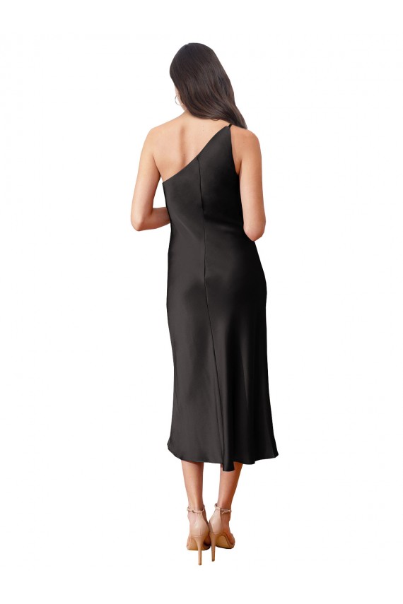 Stretch Satin Midi Length One Shoulder Sheath Black Tie Evening Dress / Prom Dress / Bridesmaid Dress Plymouth