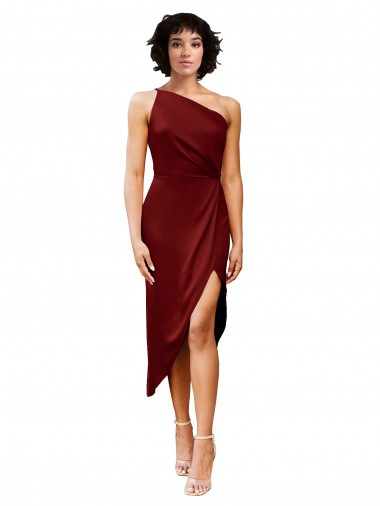 Stretch Satin Midi Length One Shoulder Sheath Black Tie Evening Gown / Prom Dress / Bridesmaid Dress Plymouth
